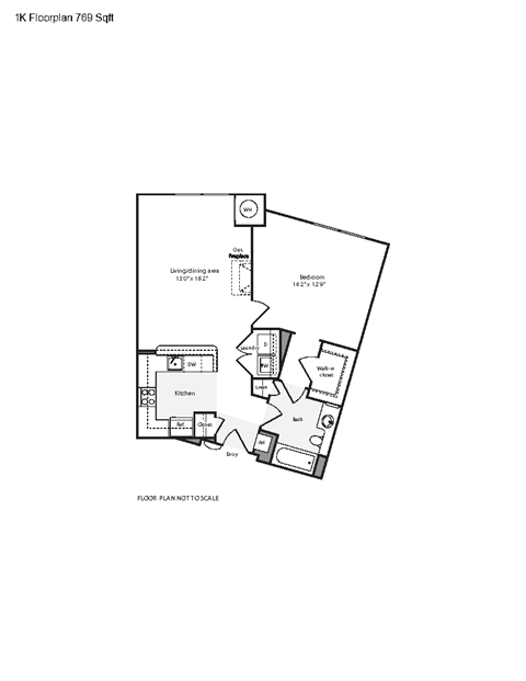 Floor plan for 1 bed, 1 bath, 769 sqft